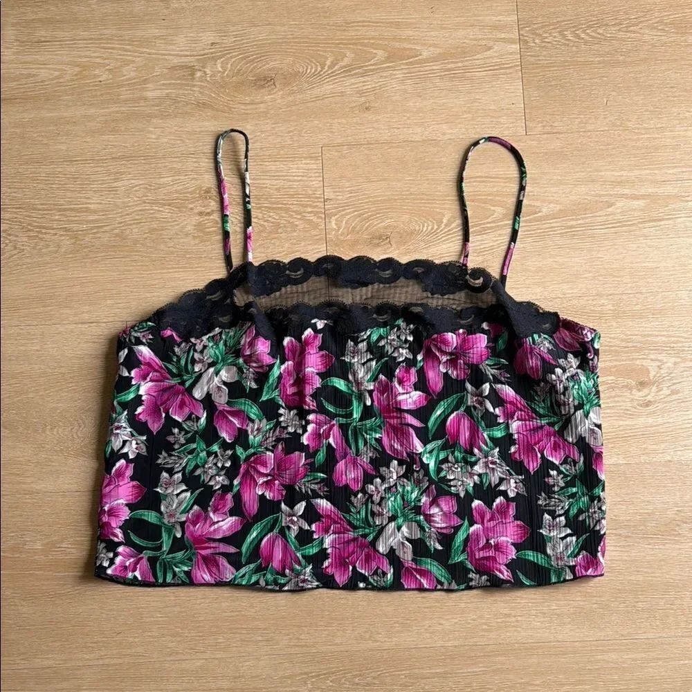 90s Vintage Black Pink Boxy Lace and floral cropped tank cami XL